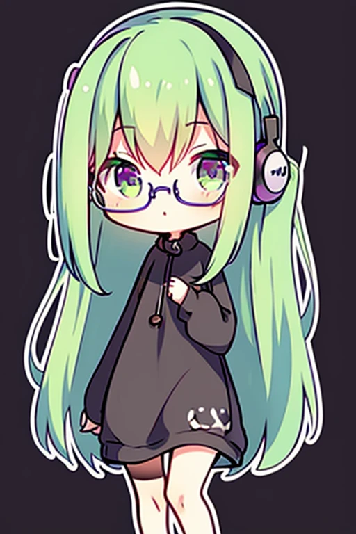 A green haired woman with violet eyes and glasses with an hourglass figure in a cute sweatshirt dress is listening to music with a pair of headphones