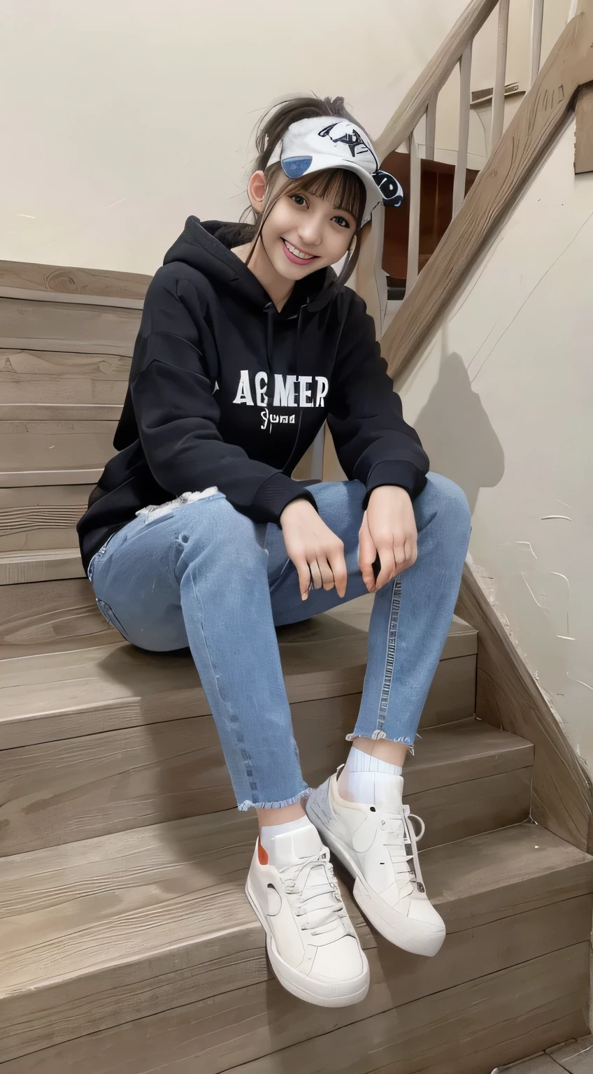 highest quality, Realistic, Very detailed, Finer details, High resolution, 8k wallpaper, One beautiful woman,Sit on the stairs、(Wear black socks)smile、(Beautiful teeth alignment、)(Gums are visible) Oversized hoodie, Skinny jeans,( Black sneakers)、Black Hair、 Beautiful Bangs、ear piercing、Perfect dynamic composition, Beautiful and detailed, Full Body Shot, A big smile wearing colorful socks