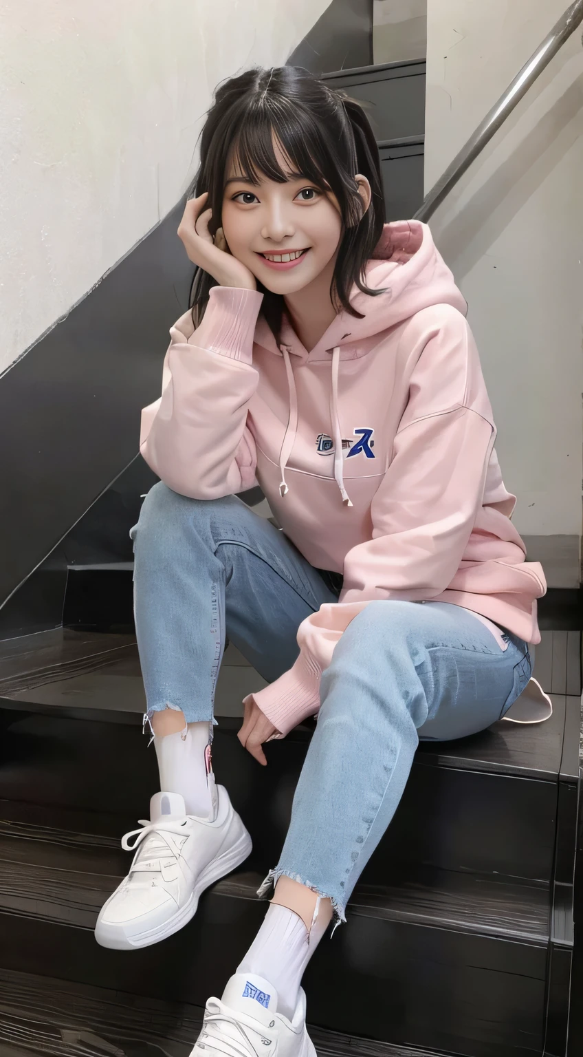 highest quality, Realistic, Very detailed, Finer details, High resolution, 8k wallpaper, One beautiful woman,Sit on the stairs、（Wear black socks）smile、（Beautiful teeth alignment、）（Gums are visible） Oversized hoodie, Skinny jeans,（ Black sneakers）、Black Hair、 Beautiful Bangs、ear piercing、Perfect dynamic composition, Beautiful and detailed, Full Body Shot, A big smile wearing colorful socks