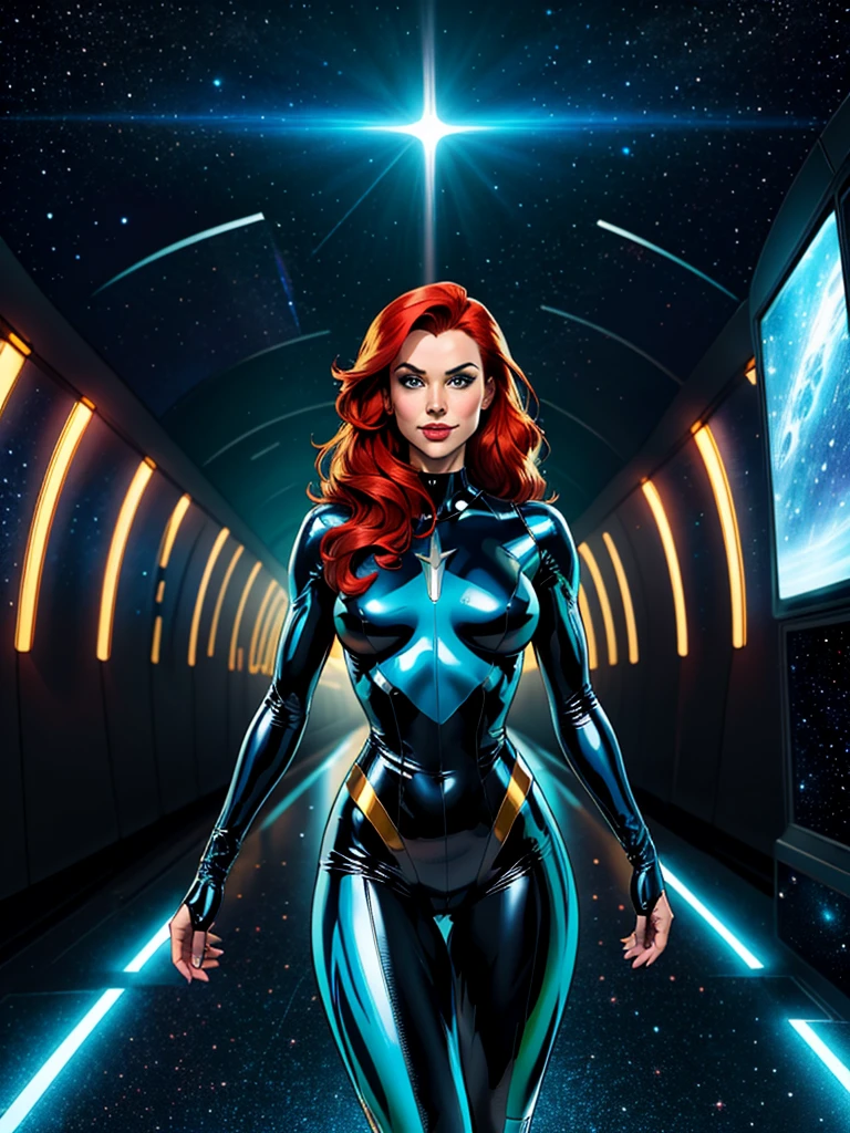 Best quality, 4K, american comics art style, vintage space beautiful woman,long red hair,looking to observer,little smile,green and dark blue tight latex suit under shine black hi-tech armor,dynamic angle, spaceship corridor scenario, dramatic lights 