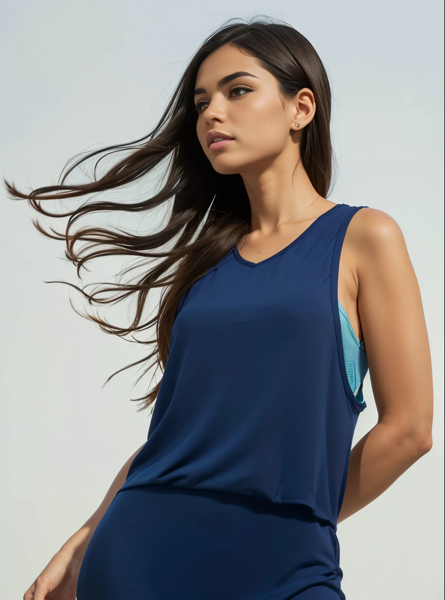 uma mulher com um vestido azul com um desenho verde e branco, vista traseira, tops sem mangas, vista lateral, vista lateral, top azul, marinha-blue, vista lateral, top - vista lateral, marinha, maxar, model is wearing technical vest, vestido, frente cheia, 3/4 vista lateral, vista traseira, marinha blue