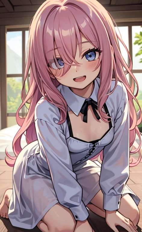 (masterpiece:1.4、top-quality、illustration:,realistic、)、(character focus、,upper body:1.3)、(1girl),(Open mouth happy smile:1.3),(),cute face,blue eyes、(tareme:1.3)、
,(kneeling:1.4),(pink blonde　hair),(long hair1.3)、
,(slender),（loose dress:1.3),
(hair over one eye:1.3),(volumey,sidelocks,wavy hair:1.3), (small breasts:1.3)、
、slender、