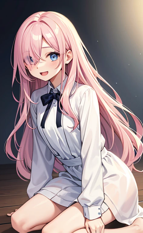 (masterpiece:1.4、top-quality、illustration:,realistic、)、(character focus、,upper body:1.3)、(1girl),(Open mouth happy smile:1.3),(),cute face,blue eyes、(tareme:1.3)、
,(kneeling:1.4),(pink blonde hair),(long hair1.3)、
,(slender),(loose dress:1.3),
(hair over one eye:1.3),(volumey,sidelocks,wavy hair:1.3), (small :1.3)、
、slender、