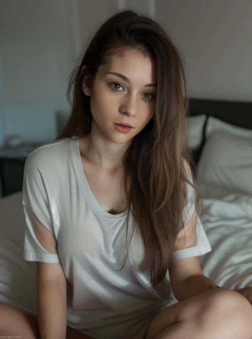 woman wearing a ((oversized t-shirt)), , messy hair, brunette hair, gray blue eyes, long hair, hyper realistic, 4k, medium breasts, masterpiece, beautiful, facing the viewer, headshot, cleavage, pale skin, fair skin, ((nasolabial folds)), skin colored lipstick, DSLR RAW PHOTO, 8K, POV, canon 5d, 85mm, ((bedroom, early morning, sitting on a bed))