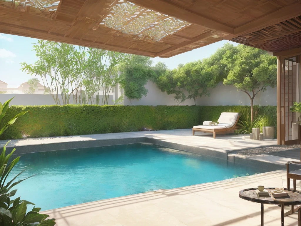 a rendering of a patio with a couch and a table, with a fishpond and courtyard, outdoor design, highly rendered!!, plants and patio, health spa and meditation center, concept house, serene and peaceful style, by Aya Goda, peaceful ambience, relaxing environment, natural realistic render, architectural visualisation, inspired by Riad Beyrouti, beautiful aesthetic design