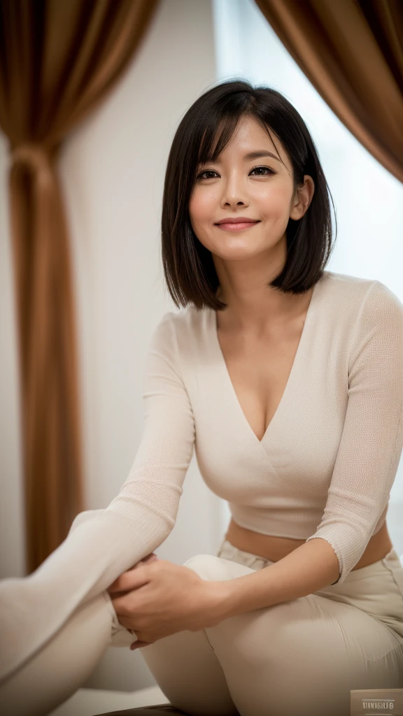 (1 beautiful woman, high resolution, wallpaper 8K screen, top quality, realistic, super detailed, exquisite and perfect dynamic composition, (48 years old), (realistic skin texture), (overall skin fine lines: 1.3) , (dull skin: 1.1), (skin without moisture: 1.2), (wrinkles on the face: 0.9), (wrinkles at the corners of the eyes: 1.2), double eyelids, tear bags in the lower eyelids, eyes facing away, Serious expression, straight gaze, (dimples: 1.2), sharpness, dense and beautiful eyes, short hairstyle, thin hair, smile, short bangs, short hair, thin blouse with a wide neckline, flat chest, close to the waist Fitted flare pants, (portrait focusing on upper body), (angle from leg: 1.5),