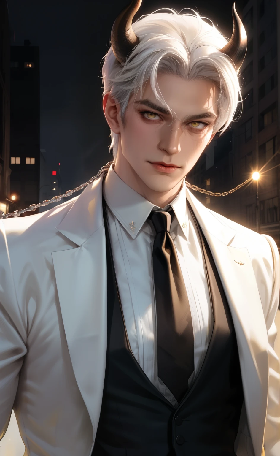(masterpiece,best quality,ultra_detailed,highres,absurdres),1 mature male, 30-ish, (wide shoulder), (muscular), male focus, solo, white hair, chain, shirt, black necktie, necktie, yellow eyes, upper body, short hair, looking at viewer, smile face, parted lips, round eyewear, long sleeves, white shirt, streets background, monocle, jewelry. man with horns on his head, fit male demon with white horns, oni horns, demon, albino demon, daddy vibes, smirked, shirt open