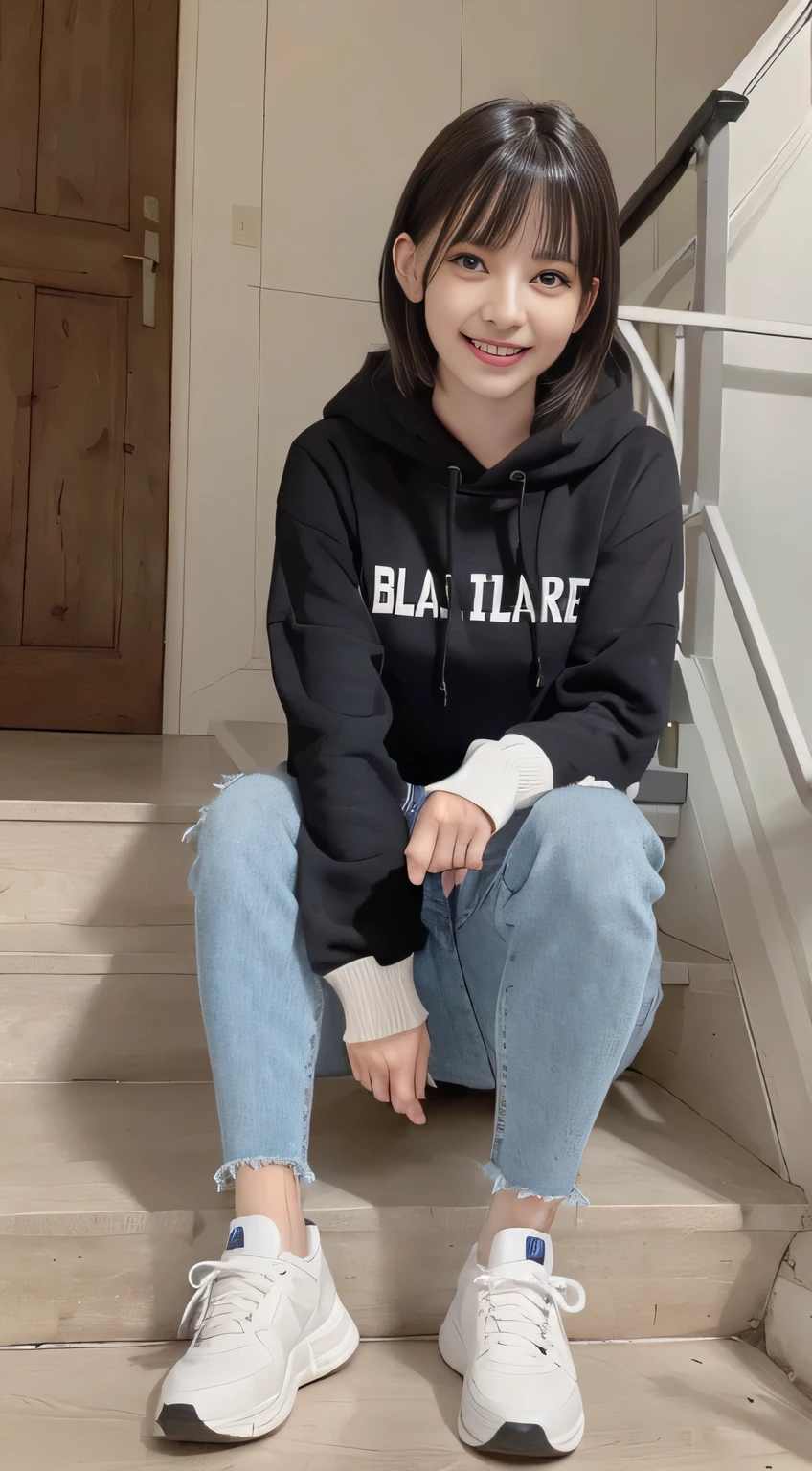 highest quality, Realistic, Very detailed, Finer details, High resolution, 8k wallpaper, One beautiful woman,Sit on the stairs、(Wear black socks)smile、(Beautiful teeth alignment、)(Gums are visible) Oversized hoodie, Skinny jeans,( Black sneakers)、Black Hair、 Beautiful Bangs、ear piercing、Perfect dynamic composition, Beautiful and detailed, Full Body Shot, A big smile wearing colorful socks