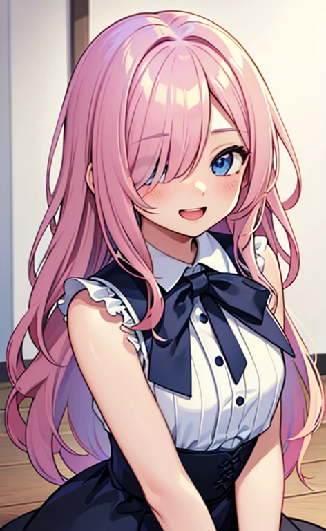 (masterpiece:1.4、top-quality、illustration:,realistic、)、(character focus、,upper body:1.3)、(1girl),(Open mouth happy smile:1.3),(),cute face,blue eyes、(tareme:1.3)、
,(kneeling:1.4),(pink blonde hair),(long hair1.3)、
,(slender),(loose dress:1.3),
(hair over one eye:1.3),(volumey,sidelocks,wavy hair:1.3), (small breasts:1.3)、
、slender、