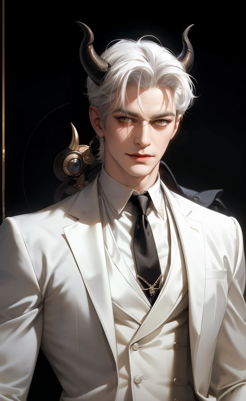 (masterpiece,best quality,ultra_detailed,highres,absurdres),1 mature male, 30-ish, (wide shoulder), (muscular), male focus, solo, white hair, chain, shirt, black necktie, necktie, yellow eyes, upper body, short hair, looking at viewer, smile face, parted lips, round eyewear, long sleeves, white shirt, streets background, monocle, jewelry. man with horns on his head, fit male demon with white horns, oni horns, demon, albino demon, daddy vibes, smirked, shirt open
