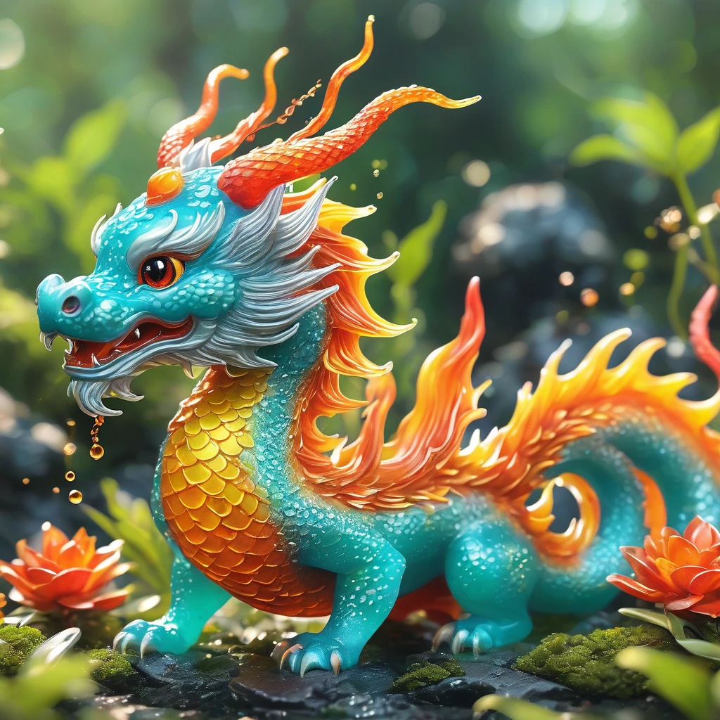 best quality, very good, 16K, ridiculous, Extremely detailed, Cute slime Chinese dragon,The horns are made of translucent boiling lava, Background grassland((A masterpiece full of fantasy elements))), ((best quality)), ((Intricate details))(8k)
