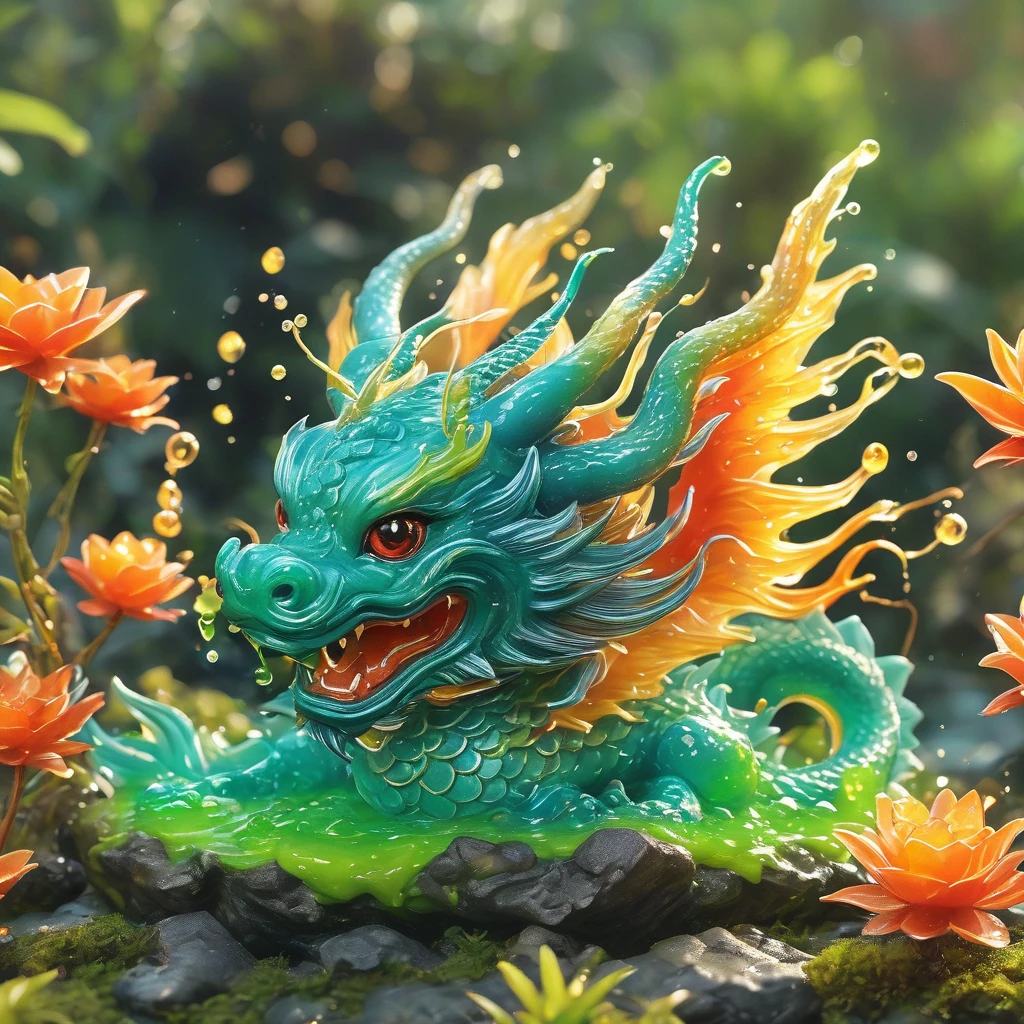 best quality, very good, 16K, ridiculous, Extremely detailed, Cute slime Chinese dragon,The horns are made of translucent boiling lava, Background grassland((A masterpiece full of fantasy elements))), ((best quality)), ((Intricate details))(8k)