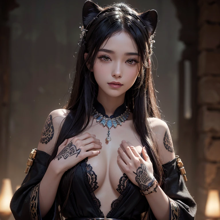 Hide in the desert、Hair flows、 ((highest quality、masterpiece、8k、best image quality、ultra high resolution、Award-winning work)、(accurate anatomy:1.1)、(look at me and smile:1.1)、Shining fair skin with ultra high resolution、most detailed face、ultra high resolution detailed face、ultra high resolution hair、(ultra high resolutionのeyes :1.1)、Beautiful face drawn in every detail、(blurred background:1.1)、ancient Islamic clothes, chest together, tattoo, Old ruins in the background、black leopard
