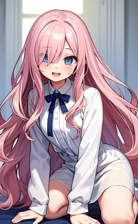 (masterpiece:1.4、top-quality、illustration:,realistic、)、(character focus、,upper body:1.3)、(1girl),(Open mouth happy smile:1.3),(),cute face,blue eyes、(tareme:1.3)、
,(kneeling:1.4),(pink blonde hair),(very long hair:1.3)、
,(slender),(loose dress:1.3),
(hair over one eye:1.3),(volumey,sidelocks,wavy hair:1.3), (small breasts:1.3)、
、slender、