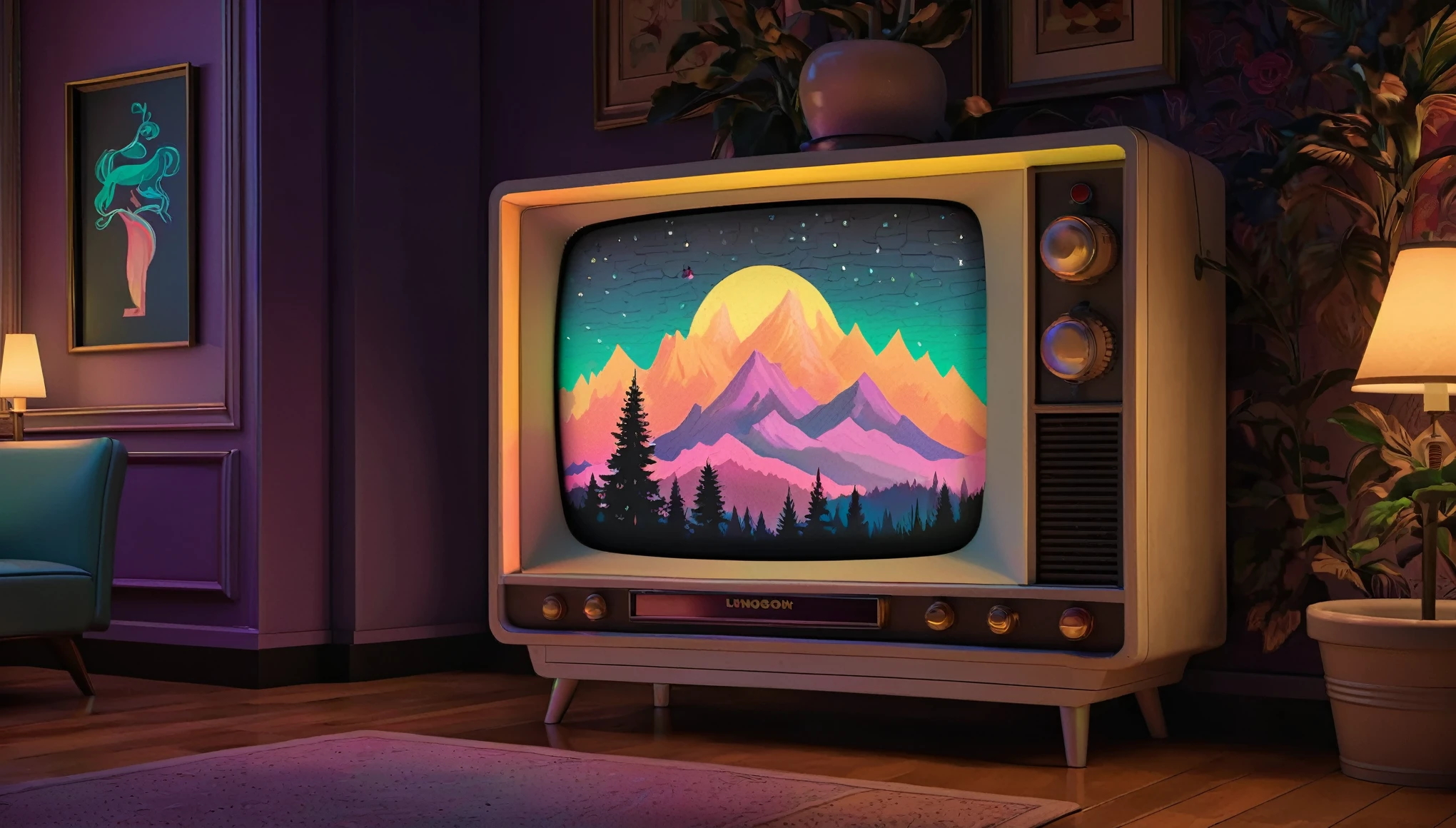 In the dimly lit room, an retro style, vintage aesthetic, old-school TV steals the spotlight. The classic television set exudes nostalgia, its pixels flickering in the darkness. An enchanting painting captures this scene, expertly showcasing the intricate patterns on the TV screen. Every pixel is meticulously placed, creating a mesmerizing blend of colors and shapes. The image radiates a sense of authenticity and quality, inviting viewers to reminisce about a bygone era with a modern twist.