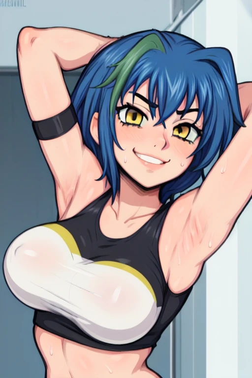 masterpiece, best quality, looking at viewer, upper body, portrait, looking at viewer, seductive smile, put your hands behind your head, armpits, armpits visible, sweaty armpits, xenovia quarta, very large breasts, short blue hair, wearing white tanktop,