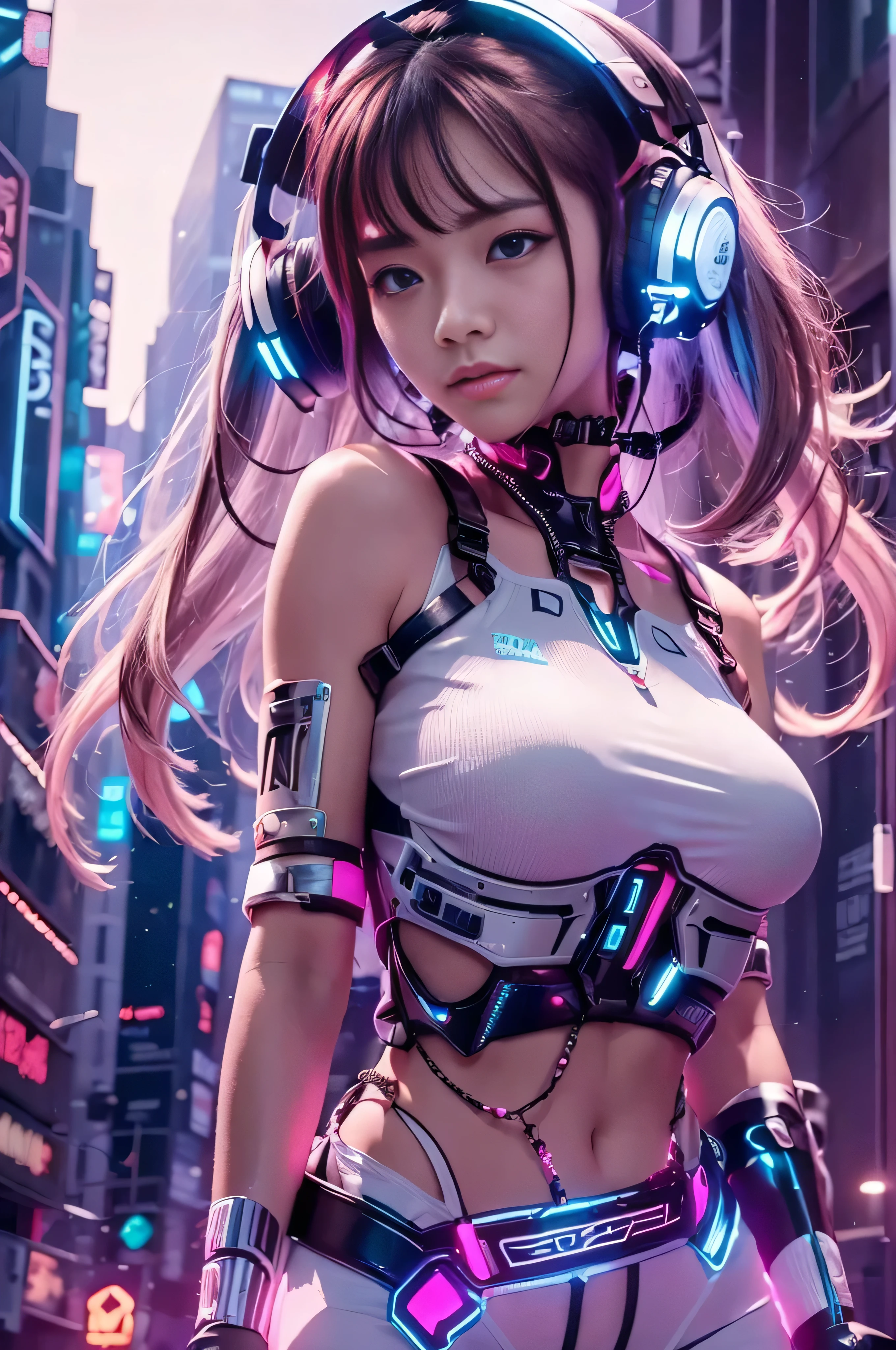 (RAW quality:1.4), highest quality，masterpiece，16k，One girl,blue eyes,chest,Brown Hair,cyber punk,Shine,Headphones,Long Hair,Realistic,Half exposed chest,Wide area blue phosphor structure at shoulder,Illuminated mechanical structure under the side of the chest,Diagonal close-up,Black to pink gradient hair,alone,Upper Body,Light-up earphones,Mechanical Earphones,night,Mechanical neck protection with 3-point light source,Urban background, Neon Light, skyscraper, Blurred Background, Shallow subject depth,