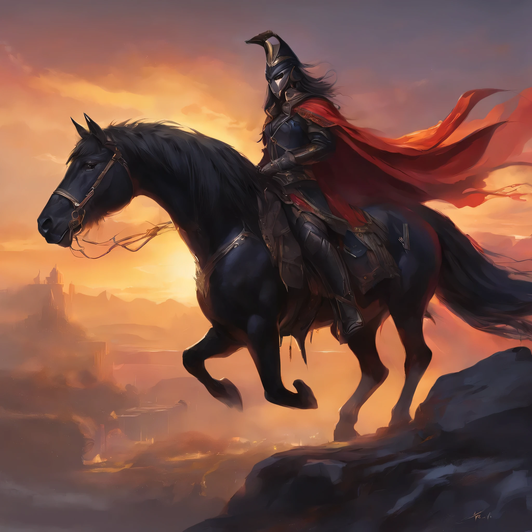 masterpiece, top-quality, cowboy shot,1girl in, (Mask),(((Crow mask for the face))),Crow-inspired black battlesuit, Crow Style Shoulder Armor, Broken long like a crow, Long Red Cloak,(solo)、manhattan-cafe,、White ahoge, (Long Black Hair)、long black bangs passing between the eyes,,,,,、Black-haired horse ears、Horse tail、Yellow eyes without highlights、(((flat chest)))、(((Coffee bean skyscraper at night)))
