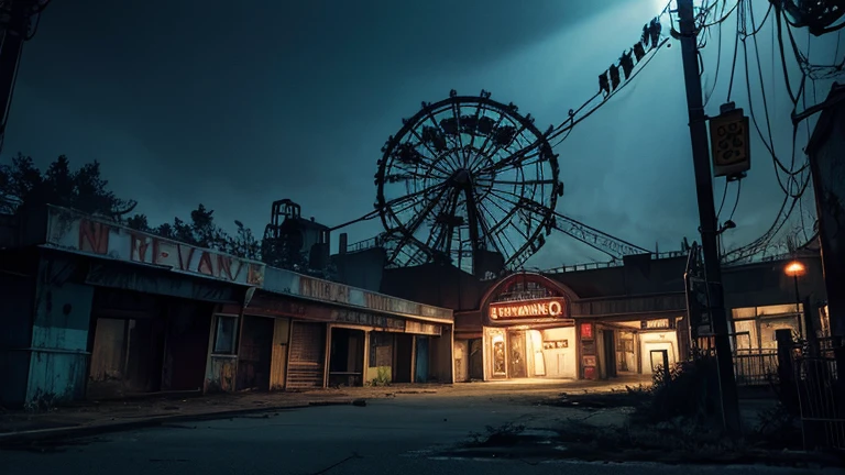 Abandoned amusement park, creepy, eerie lights, disturbing atmosphere, night