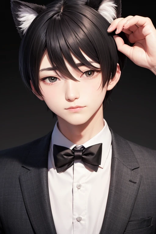 A man with black hair and black cat ears, Black Suit, Black bow tie