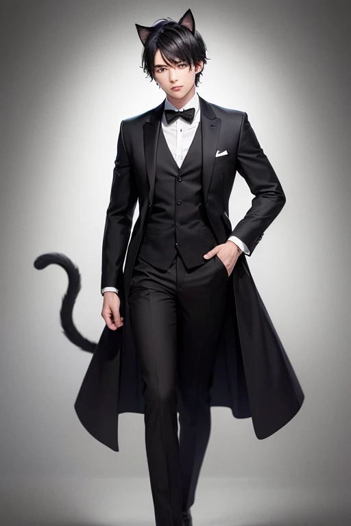 A man with black hair and black cat ears, Black Suit, Black bow tie
