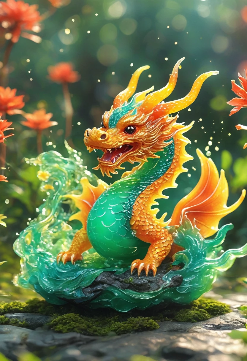 best quality, very good, 16K, ridiculous, Extremely detailed, Cute slime Chinese dragon,The horns are made of translucent boiling lava, Background grassland((A masterpiece full of fantasy elements))), ((best quality)), ((Intricate details))(8k)