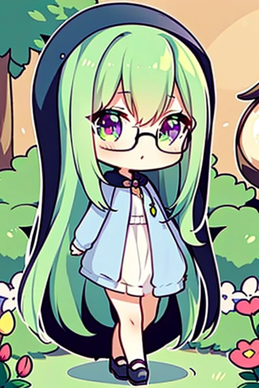 A green haired woman with violet eyes and glasses with an hourglass figure in a cute sweatshirt dress is walking in a garden