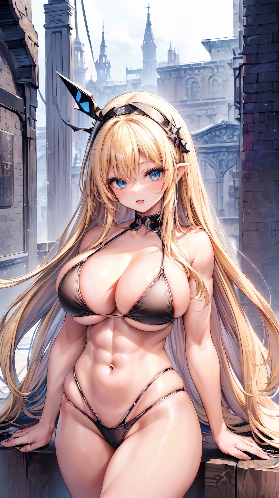 Very detailed、highest quality、Best image quality、masterpiece、8k、Anime Face、A kind smile、(Open your mouth:1.3)、Sparkling blue eyes、(Blonde semi-long hair:1.5)、(Muscles of the whole body:1.3)、(High leg:1.8)、Thigh belt、(Black high-cut bikini:1.5)、(Upper body photo:1.5)、(SFW Giant)、(Thick body:1.2)