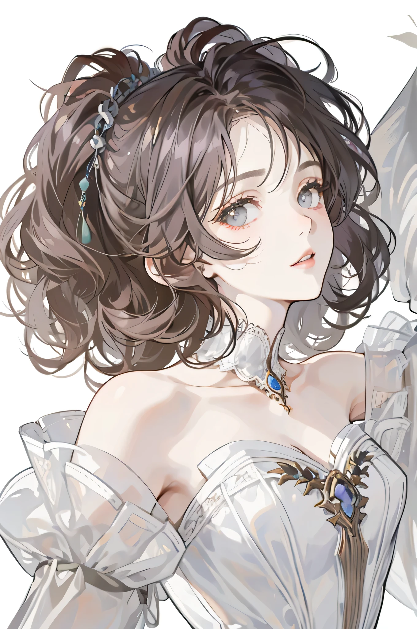lilac, forest nymph, lily of the valley, ethereal forest girl, perfect anatomy, hanging jewels, pretty girl, amazing body, best proportions, european victorian style, greek style, ancient goddess, (((((((white background))))))), ((((closeup face)))), looking at viewer, grey eyes