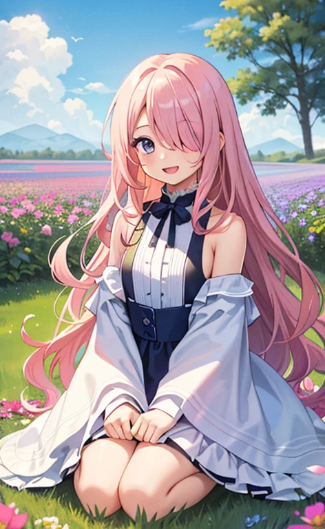 (masterpiece:1.4、top-quality、illustration:,realistic、)、(character focus、,upper body:1.3)、(1girl),(Open mouth happy smile:1.3),(),cute face,blue eyes、(tareme:1.3)、
,(kneeling:1.4),(pink blonde hair),(very long hair:1.3)、
,(Flower Field),(loose dress:1.3),
(hair over one eye:1.3),(volumey,sidelocks,wavy hair:1.3), (small breasts:1.3)、
、slender、