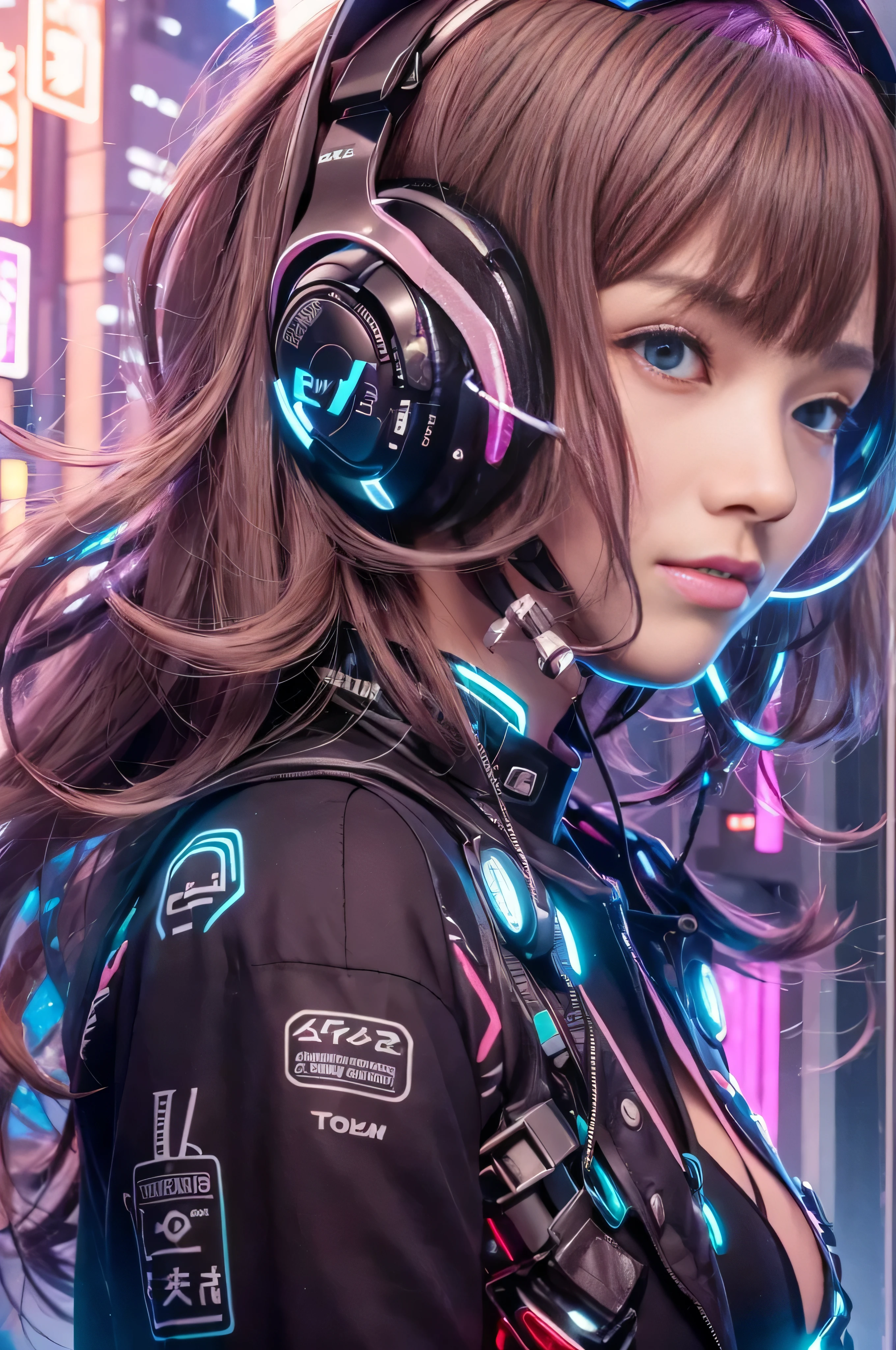 (RAW quality:1.4), highest quality，masterpiece，16k，One girl,blue eyes,chest,Brown Hair,cyber punk,Shine,Headphones,Long Hair,Realistic,Half exposed chest,Wide area blue phosphor structure at shoulder,Illuminated mechanical structure under the side of the chest,Diagonal close-up,Black to pink gradient hair,alone,Upper Body,Light-up earphones,Mechanical Earphones,night,Mechanical neck protection with 3-point light source,Urban background, Neon Light, skyscraper, Blurred Background, Shallow subject depth,