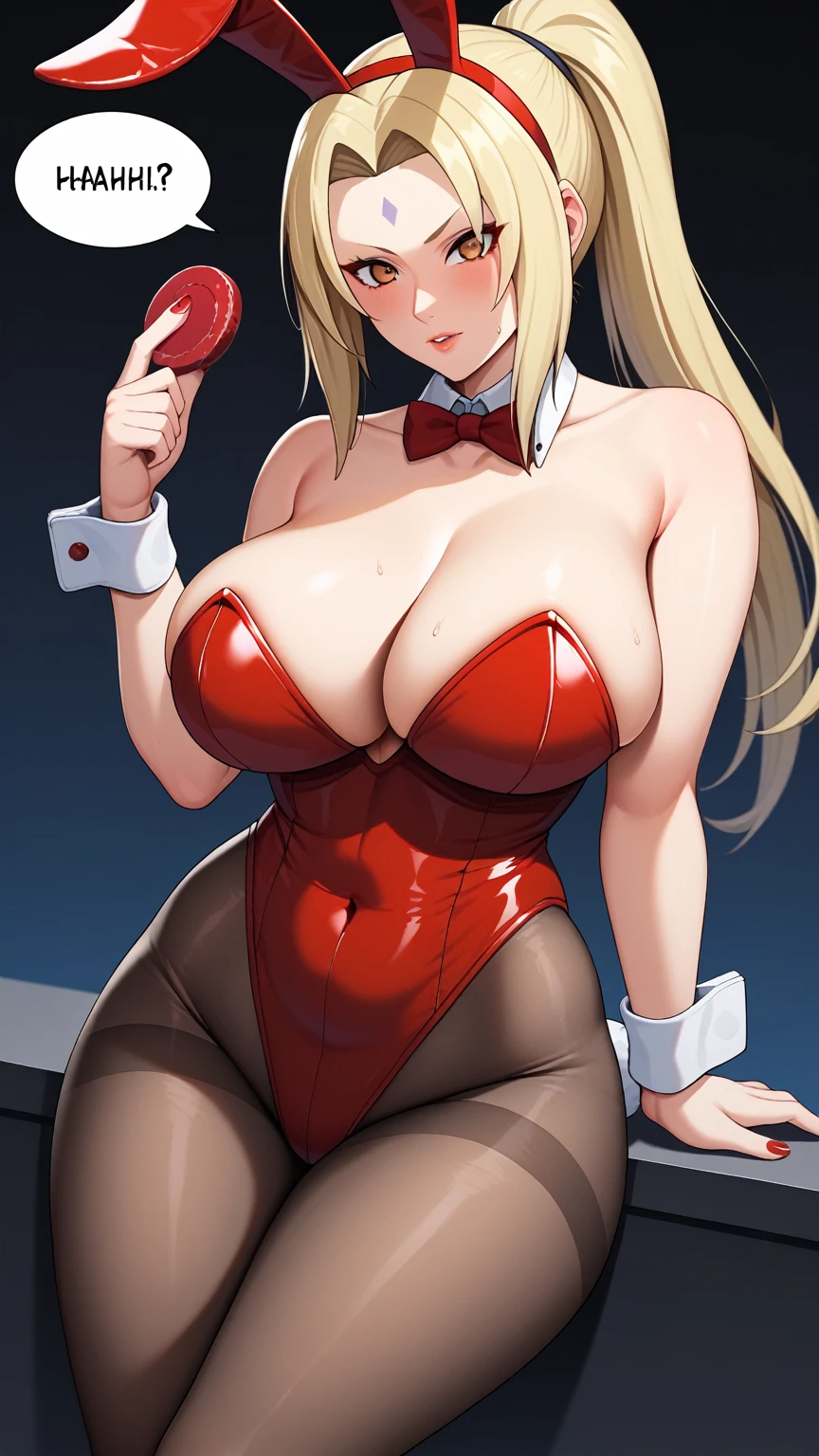 score_9, score_8_up, score_7_up, source_anime, 1girl, breasts, animal_ears, rabbit_ears, pantyhose, blonde_hair, solo, playboy_bunny, thick_thighs, forehead_mark, english_text, fake_animal_ears, red_leotard, wrist_cuffs, hands_on_hips, leotard, huge_breasts, tail, thighs, highleg, facial_mark, mature_female, rabbit_tail, bow, brown_eyes, highleg_leotard, curvy, cleavage, detached_collar, bowtie, covered_navel, bare_shoulders, tsunade_(naruto), strapless, ponytail, strapless_leotard, red_nails, speech_bubble, fake_tail, nail_polish