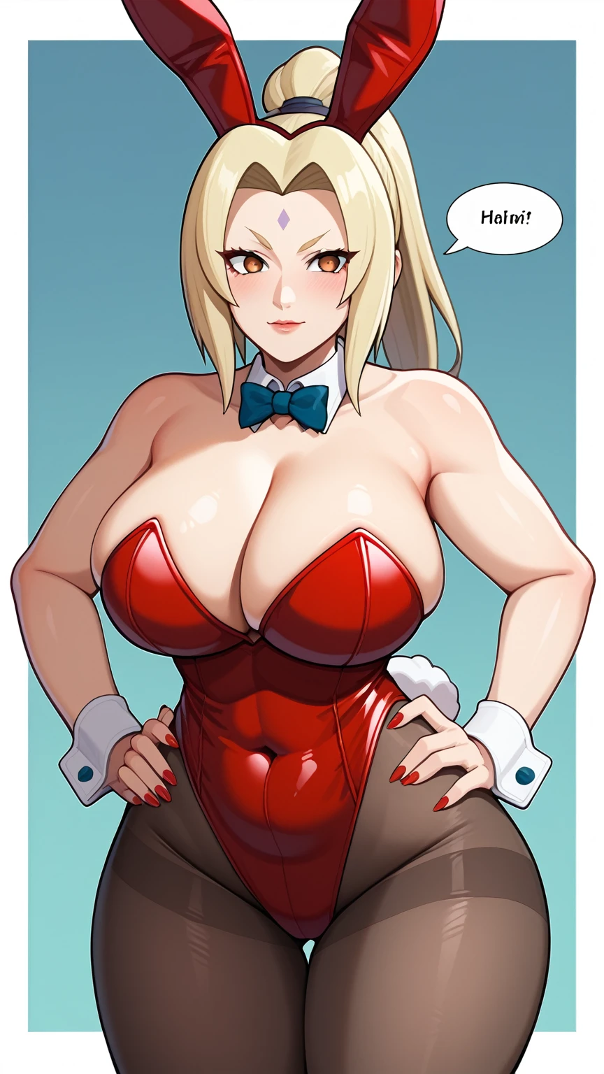 score_9, score_8_up, score_7_up, source_anime, 1girl, breasts, animal_ears, rabbit_ears, pantyhose, blonde_hair, solo, playboy_bunny, thick_thighs, forehead_mark, english_text, fake_animal_ears, red_leotard, wrist_cuffs, hands_on_hips, leotard, huge_breasts, tail, thighs, highleg, facial_mark, mature_female, rabbit_tail, bow, brown_eyes, highleg_leotard, curvy, cleavage, detached_collar, bowtie, covered_navel, bare_shoulders, tsunade_(naruto), strapless, ponytail, strapless_leotard, red_nails, speech_bubble, fake_tail, nail_polish