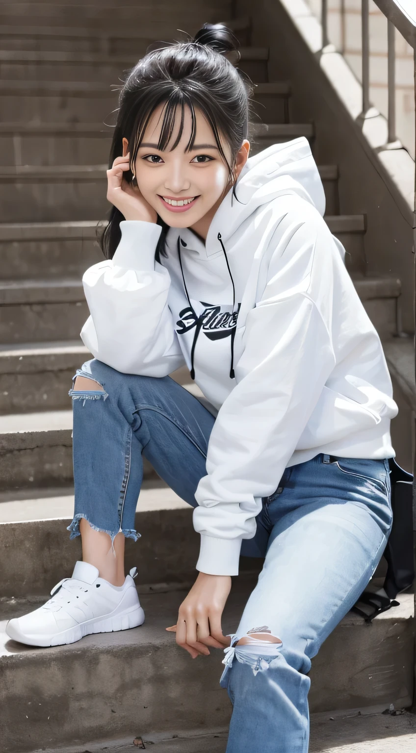 highest quality, Realistic, Very detailed, Finer details, High resolution, 8k wallpaper, One beautiful woman,Sit on the stairs、（Wear black socks）smile、（Beautiful teeth alignment、）（Gums are visible） Oversized hoodie, Skinny jeans,（ Black sneakers）、Black Hair、 Beautiful Bangs、ear piercing、Perfect dynamic composition, Beautiful and detailed, Full Body Shot, A big smile

