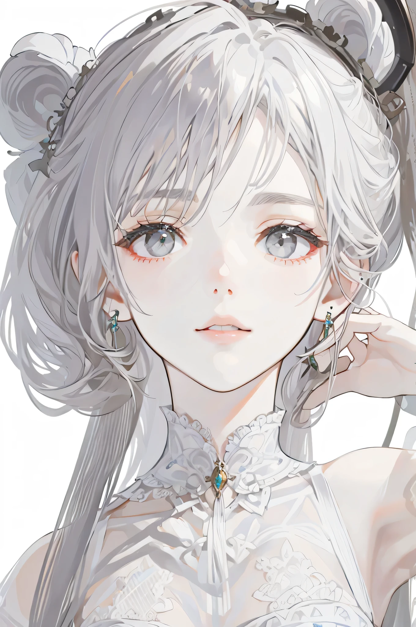 lilac, forest nymph, lily of the valley, ethereal forest girl, perfect anatomy, hanging jewels, pretty girl, amazing body, best proportions, european victorian style, greek style, ancient goddess, (((((((white background))))))), ((((closeup face)))), looking at viewer, grey eyes