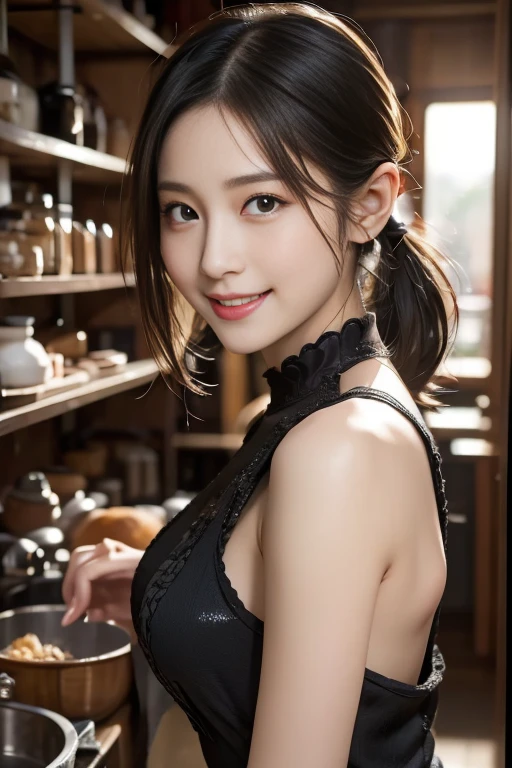 (fantasy:1.5),(anime,8k,masterpiece, top quality, best quality,beautiful and aesthetic:1.2,professional illustrasion:1.1,ultra detail:1.3,perfect lighting),extremely detailed,highest detailed,incredibly absurdres , highres, ultra detailed,intricate:1.6,(Alchemy Workshop:1.4),A girl mixing,Medicine in many small bottles,holding small potion,colorful:1.4,zentangle,(1girl),(girl),(Three kingdoms female warload),(highly detailed beautiful face and eyes,firm breasts),oily skin,((black,hair,short bob with short pony tail hair)),thin pubic hair,cute,lovely,34 years old,alchemist costume,Merchant's Clothing,smile,in the kitchen,smile,seductive weak smiling,(with sparkling eyes and a contagious smile),open mouth, Looking at Viewer,