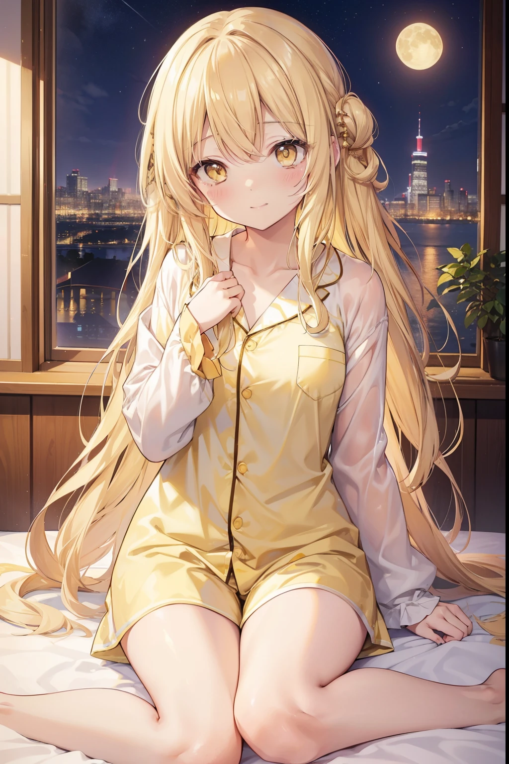 Shiina Mayu, ,blonde, (Yellow Eyes:1.3)、Braided long hair,,blush,smile,night、Beautiful views, Attractive thighs、Beautiful bare legs, Wearing sexy pajamas、night、You can see Pantastar's work..:1.2), highest quality, High resolution, unity 8k wallpaper, (shape:0.8), (Beautiful and beautiful eyes:1.6), Highly detailed face, Perfect lighting, Extremely detailed CG, (Perfect hands, Perfect Anatomy),