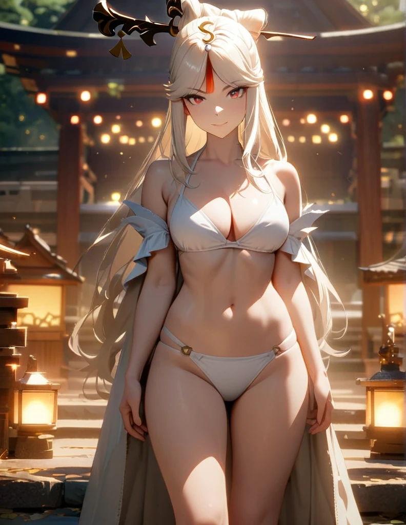 masterpiece, 8k, high resolution, detailed background, bokeh, shrine, ningguang, solo, long hair, looking at viewer, standing in front, ((white bikini)), cleavage, smile, closed mouth, ((sfw)), full body, perfect portrait, cinematic background, glowing particles, semi-realistic, 