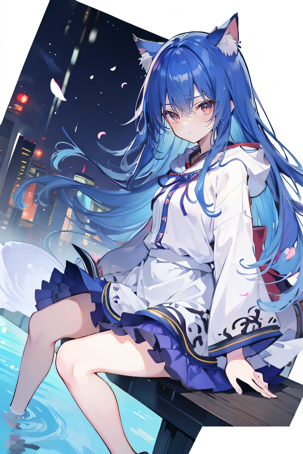 (masterpiece:1.2),Super detailed,lifelike,Expressive eyes,fair skin,perfect face shape,1 girl,
Japanese comics,Gorgeous blue hair,flowing blue hair,flowing clothes,Cat ears,Petals fall,beautiful lola,Baby Angel,
Shaking head with one hand,Cross your legs,Gentle and peaceful background,The pavilion is cool and comfortable,smile, wearing hoodie, background of tokyo,back views,snowing, winter.