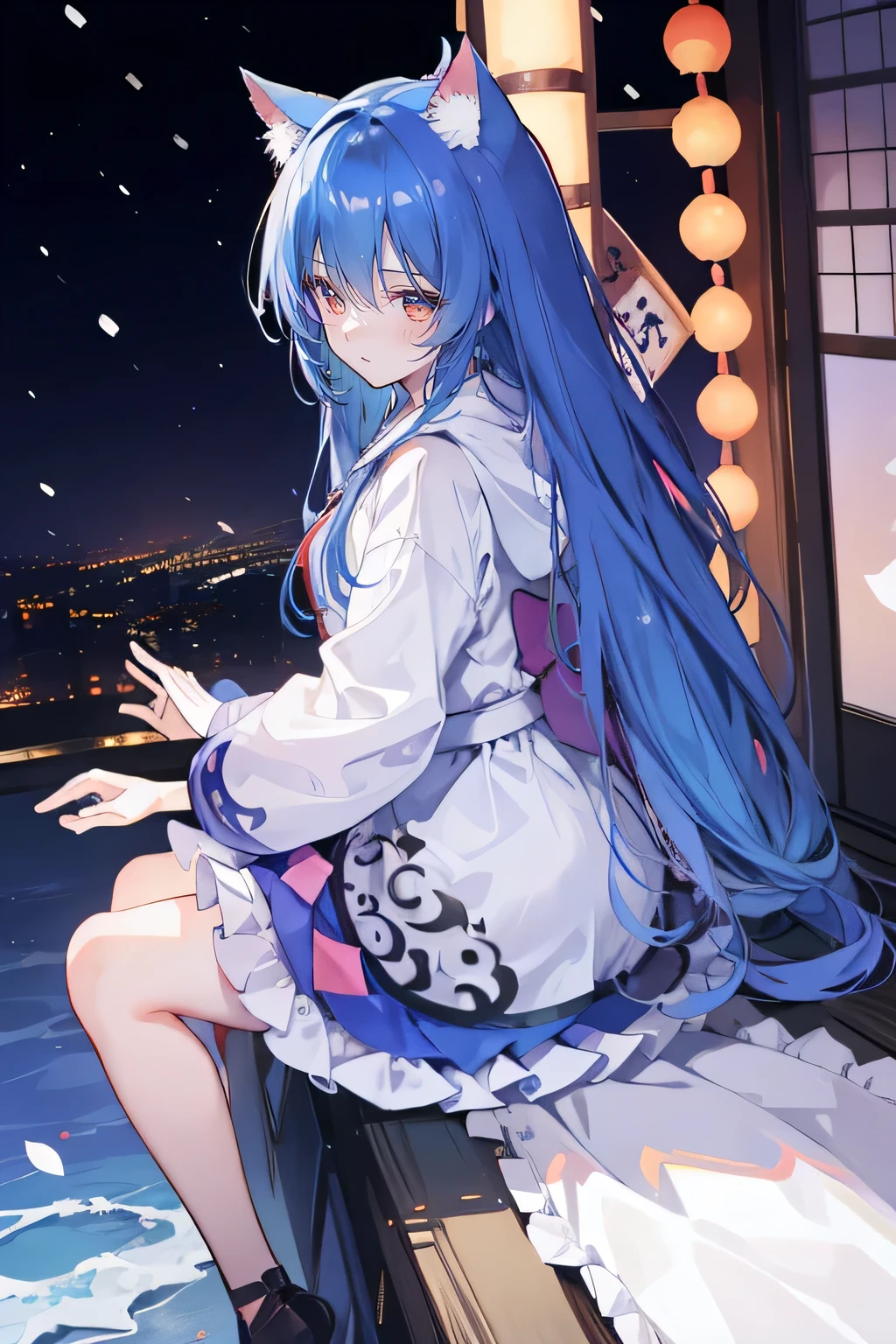 (masterpiece:1.2),Super detailed,lifelike,Expressive eyes,fair skin,perfect face shape,1 girl,
Japanese comics,Gorgeous blue hair,flowing blue hair,flowing clothes,Cat ears,Petals fall,beautiful lola,Baby Angel,
Shaking head with one hand,Cross your legs,Gentle and peaceful background,The pavilion is cool and comfortable,smile, wearing hoodie, background of tokyo,back views,snowing, winter.