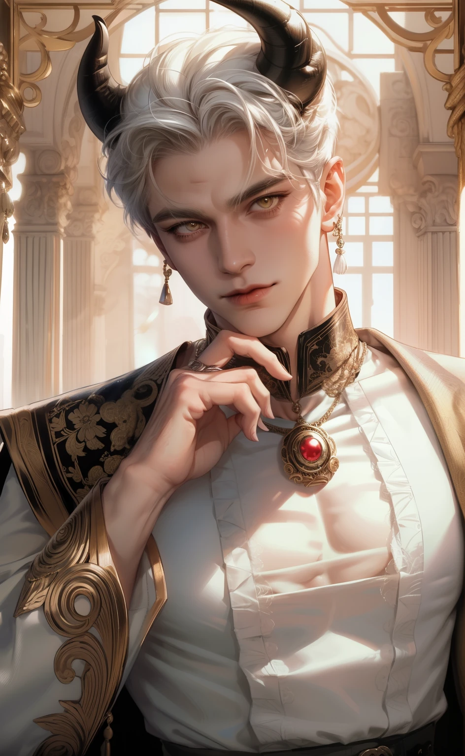 (masterpiece,best quality,ultra_detailed,highres,absurdres),1 mature male, 30-ish, (wide shoulder), (muscular), big body, male focus, solo, white hair, yellow eyes, upper body, short hair, looking at viewer, smile face, parted lips, round eyewear, long sleeves, streets background, monocle, jewelry. man with horns on his head, fit male demon with white horns, oni horns, demon, albino demon, daddy vibes, smirked, shirt open