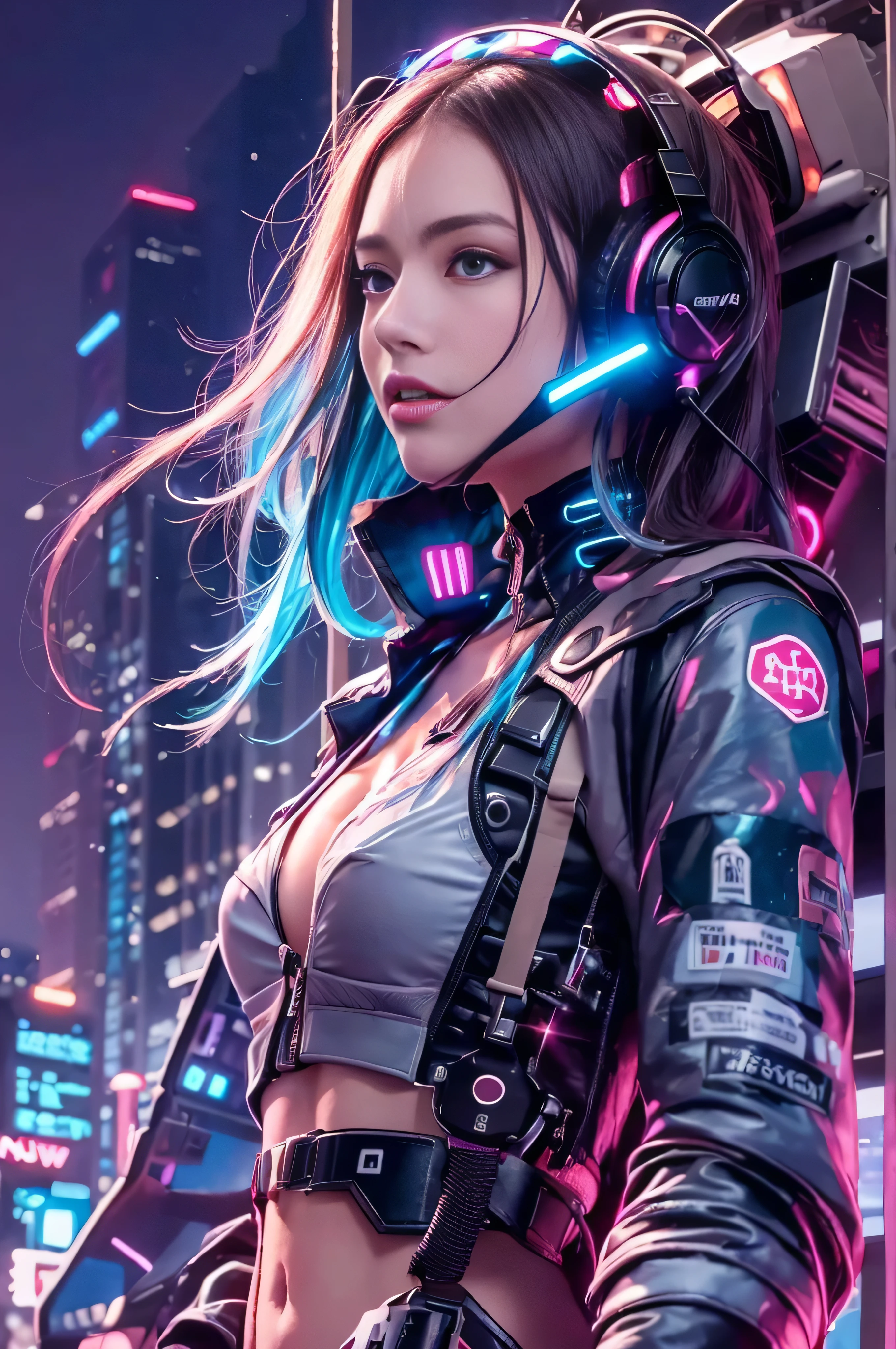 (RAW quality:1.4), highest quality，masterpiece，16k，One girl,blue eyes,chest,Brown Hair,cyber punk,Shine,Headphones,Long Hair,Realistic,Half exposed chest, Big Breasts, Wide area blue phosphor structure at shoulder,Illuminated mechanical structure under the side of the chest,Diagonal close-up,Black to pink gradient hair,alone,Upper Body,Light-up earphones,Mechanical Earphones,night,Mechanical neck protection with 3-point light source,Urban background, Neon Light, skyscraper, Blurred Background, Shallow subject depth,