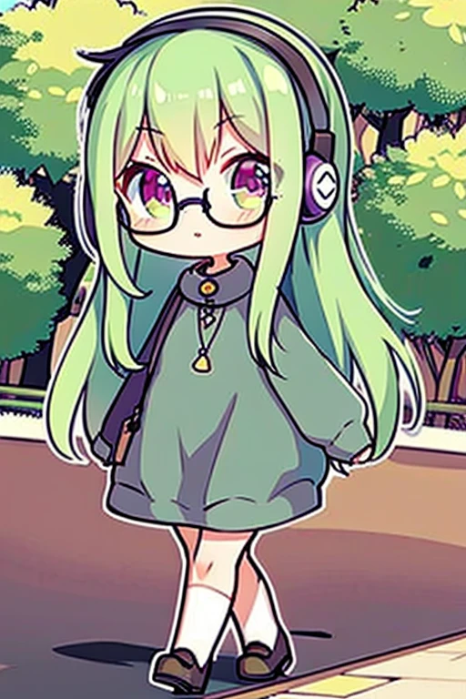 A green haired woman with violet eyes and glasses with an hourglass figure in a cute sweatshirt dress is walking through the park with headphones on