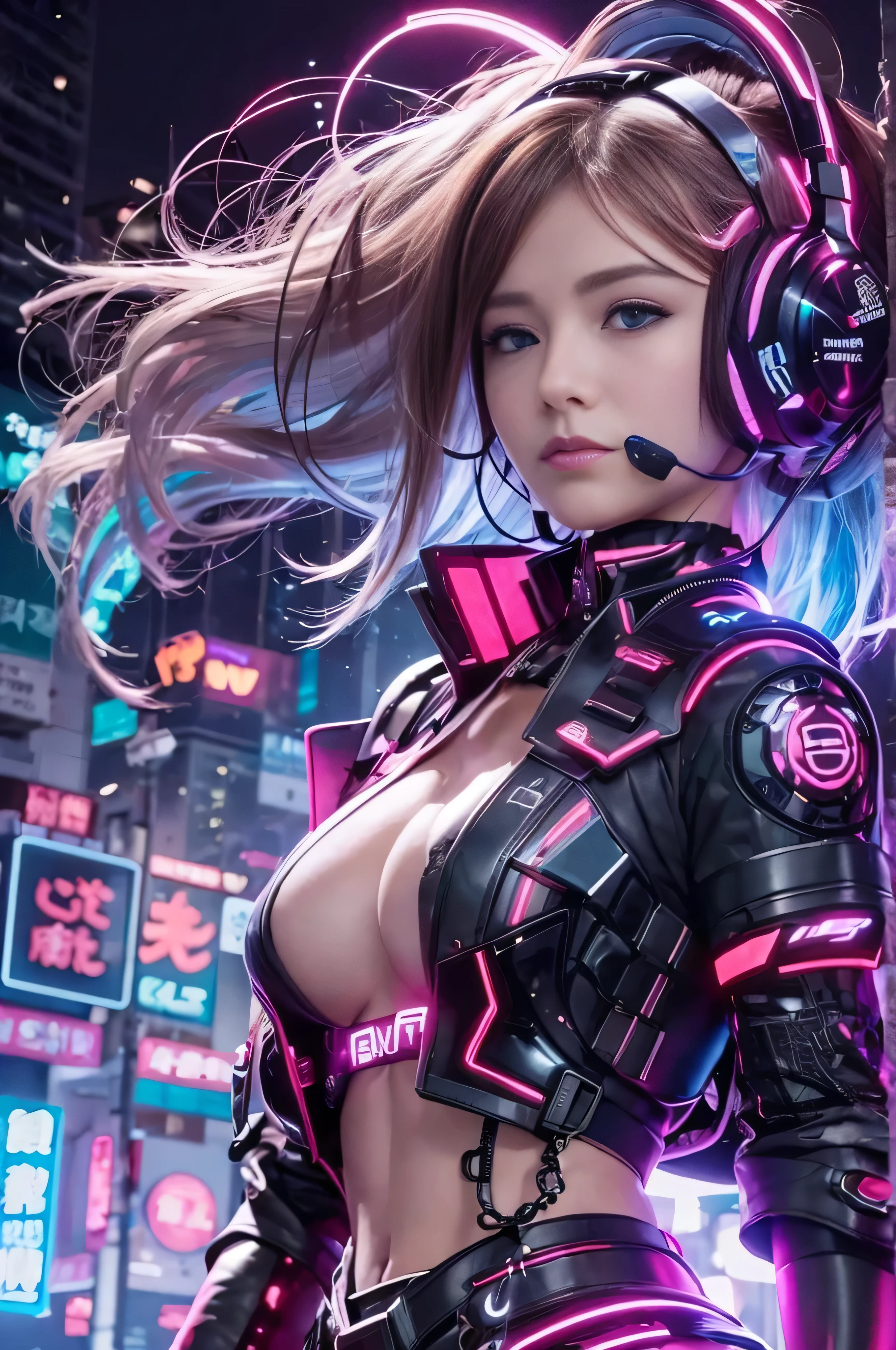 (RAW quality:1.4), highest quality，masterpiece，16k，One girl,blue eyes,chest,Brown Hair,cyber punk,Shine,Headphones,Long Hair,Realistic,Half exposed chest,Wide area blue phosphor structure at shoulder,Illuminated mechanical structure under the side of the chest,Diagonal close-up,Black to pink gradient hair,alone,Upper Body,Light-up earphones,Mechanical Earphones,night,Mechanical neck protection with 3-point light source,Urban background, Neon Light, skyscraper, Blurred Background, Shallow subject depth,