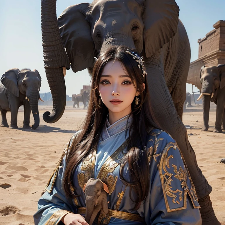 in the desert、Hair flows、 ((highest quality、masterpiece、8k、best image quality、ultra high resolution、Award-winning work)、(accurate anatomy:1.1)、(look at me and smile:1.1)、Shining fair skin with ultra high resolution、most detailed face、ultra high resolution detailed face、ultra high resolution hair、Beautiful face drawn in every detail、ancient Islamic clothes, Old ruins in the background、1 decorated elephant and 1 girl.
