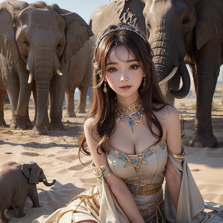 in the desert、Hair flows、 ((highest quality、masterpiece、8k、best image quality、ultra high resolution、Award-winning work)、(accurate anatomy:1.1)、(look at me and smile:1.1)、Shining fair skin with ultra high resolution、most detailed face、ultra high resolution detailed face、ultra high resolution hair、Beautiful face drawn in every detail、ancient Islamic clothes, Old ruins in the background、1 decorated elephant and 1 girl.