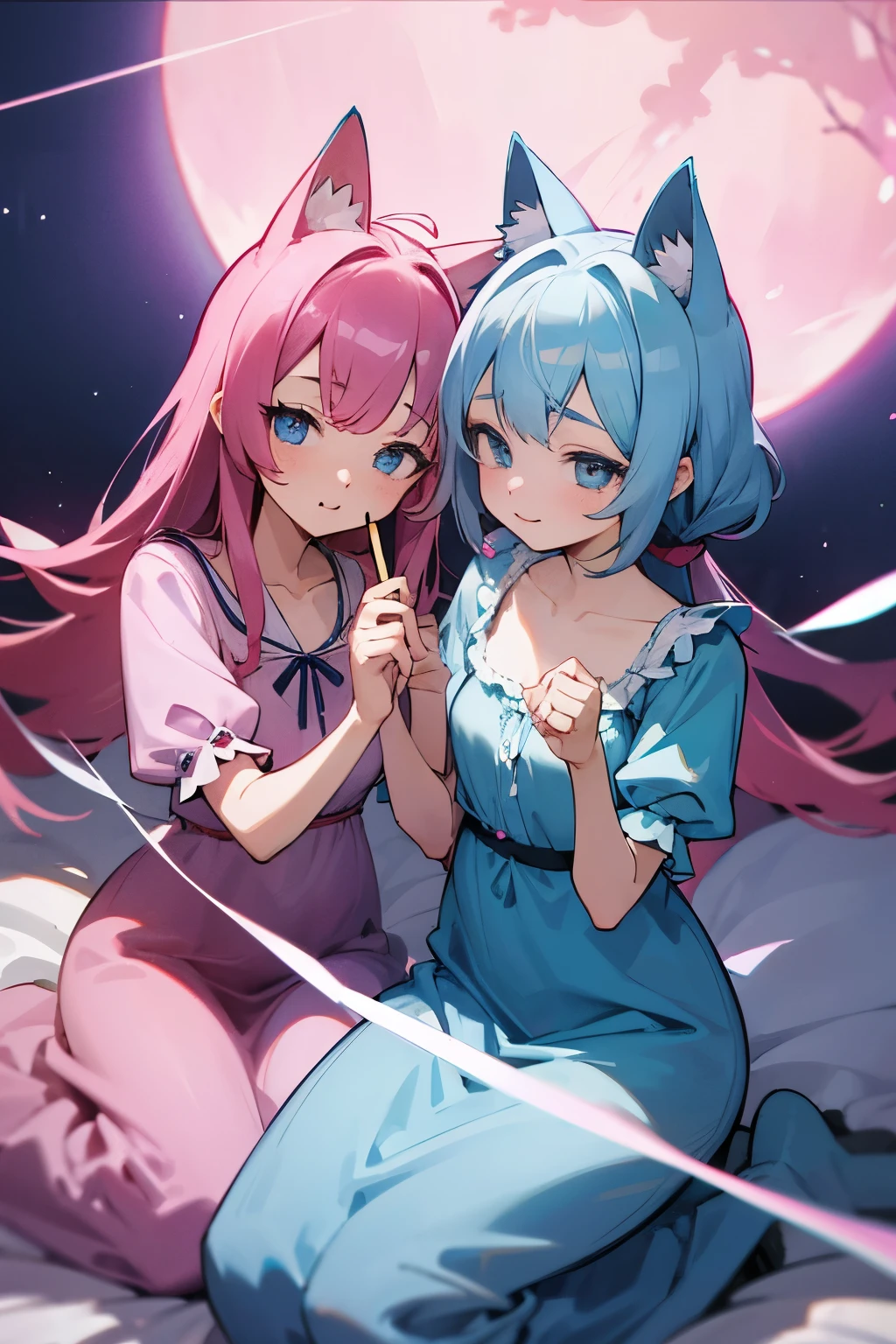 Sukeske Negligee、Cat-eared Beauty、high resolution、8K、high quality、Sisters、Blue and pink nightgown