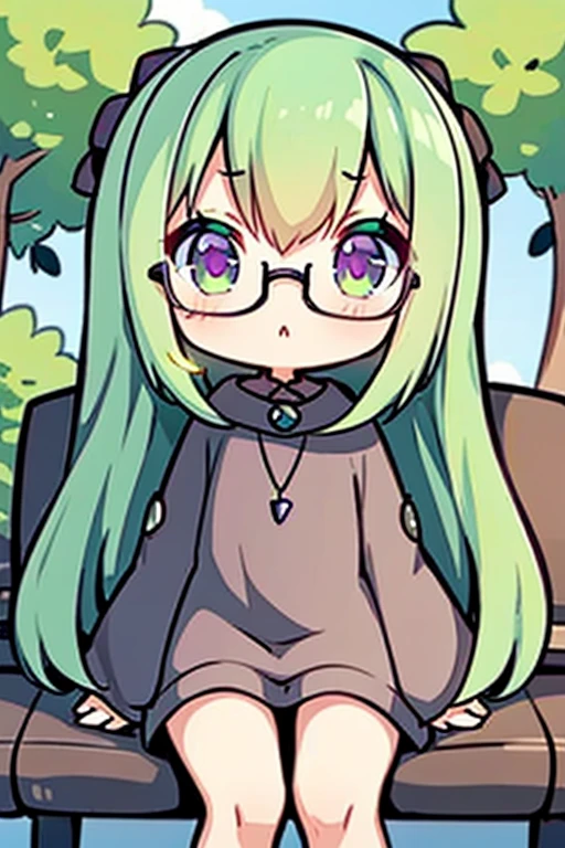 A green haired woman with violet eyes and glasses with an hourglass figure in a cute sweatshirt dress is playing video games at the park