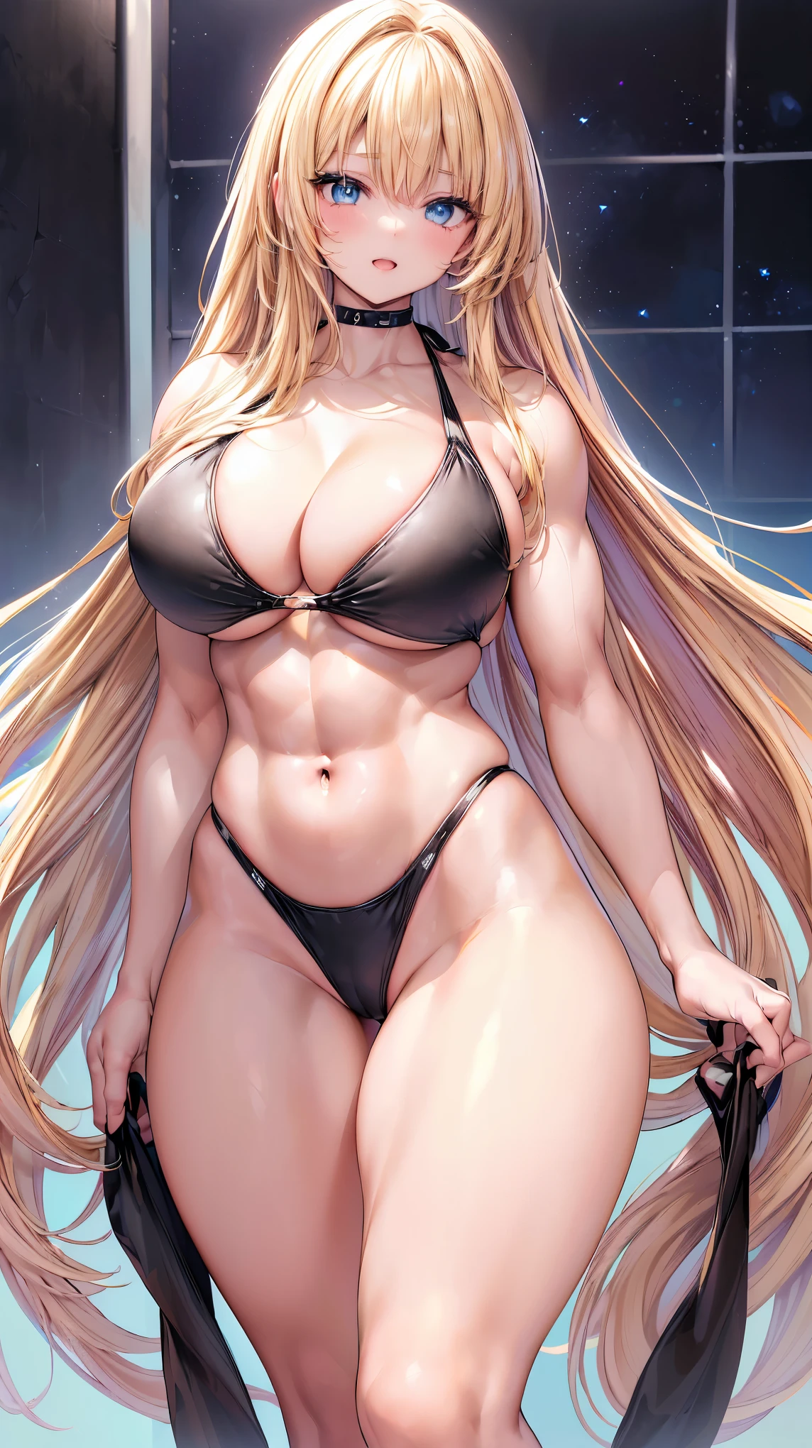 Very detailed、highest quality、Best image quality、masterpiece、8k、Anime Face、A kind smile、(Open your mouth:1.3)、Sparkling blue eyes、(Blonde semi-long hair:1.5)、(Muscles of the whole body:1.3)、(High leg:1.8)、Thigh belt、(Black high-cut bikini:1.5)、(Upper body photo:1.5)、(SFW Giant)、(Thick body:1.2)