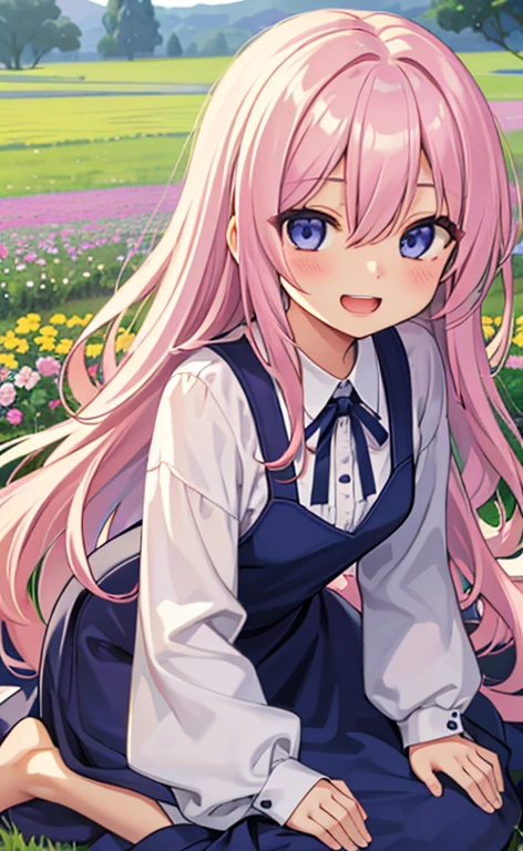 (masterpiece:1.4、top-quality、illustration:,realistic、)、(character focus、,upper body:1.3)、(1girl),(Open mouth happy smile:1.3),(),cute face,blue eyes、(tareme:1.3)、
,(kneeling:1.4),(pink blonde　hair),(very long hair:1.3)、
,(Flower Field:1.3),（loose dress:1.3),
(hair over one eye:1.3),(volumey,sidelocks,wavy hair:1.3), (small breasts:1.3)、
、slender、